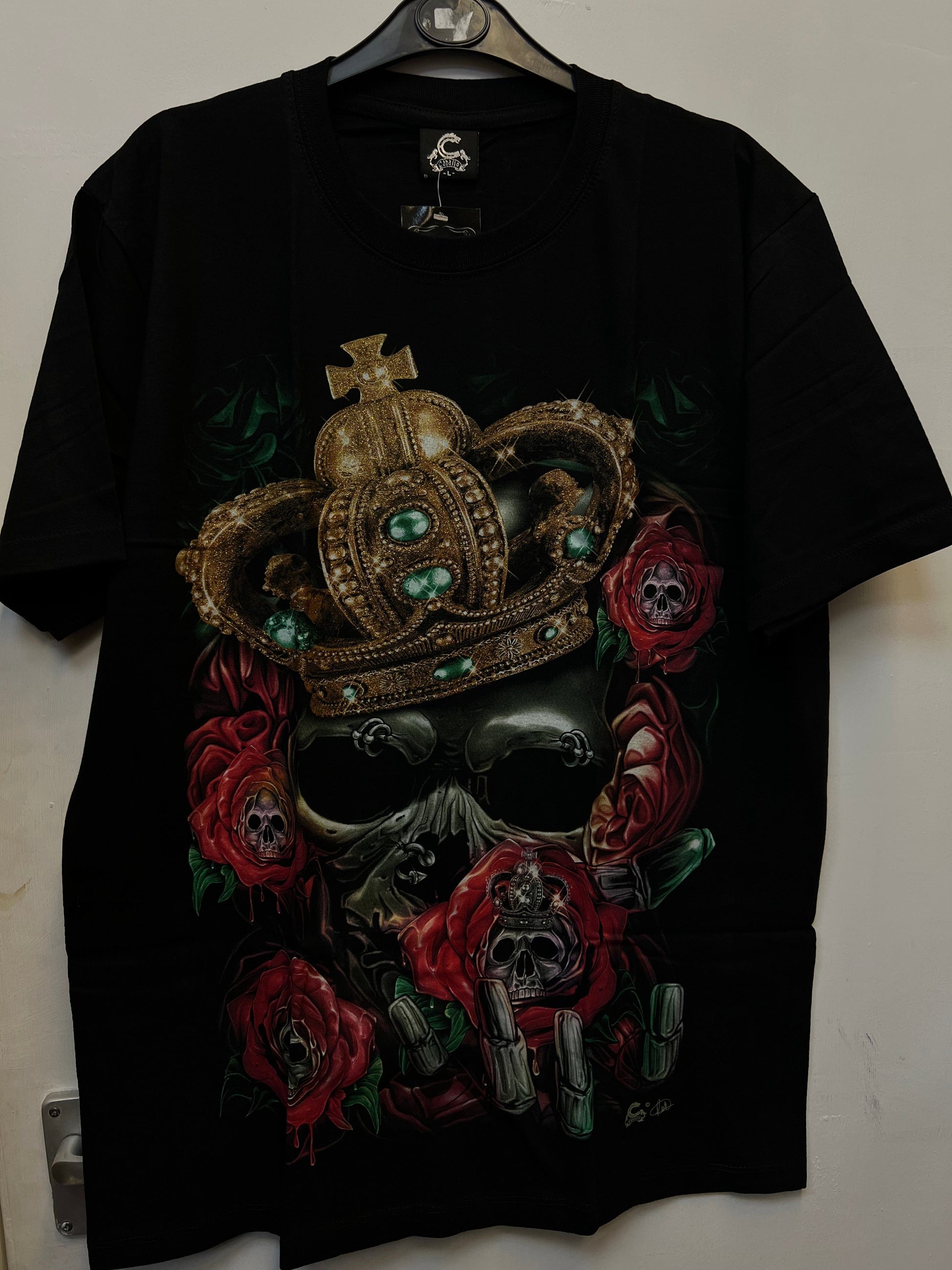 Glow in the Dark Black King Skull Crown Roses T Shirt Size L