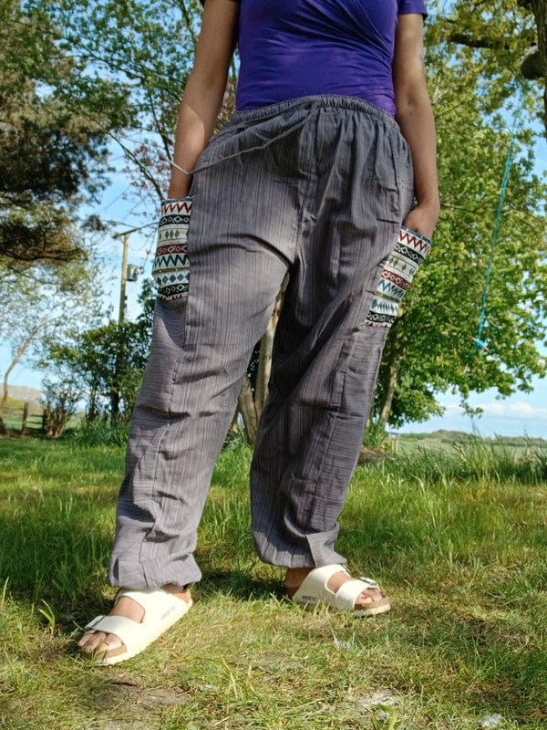 Grey Summer Trousers Cotton Wide Leg Thai Harem Pants Yoga Joggers Mens Ladies