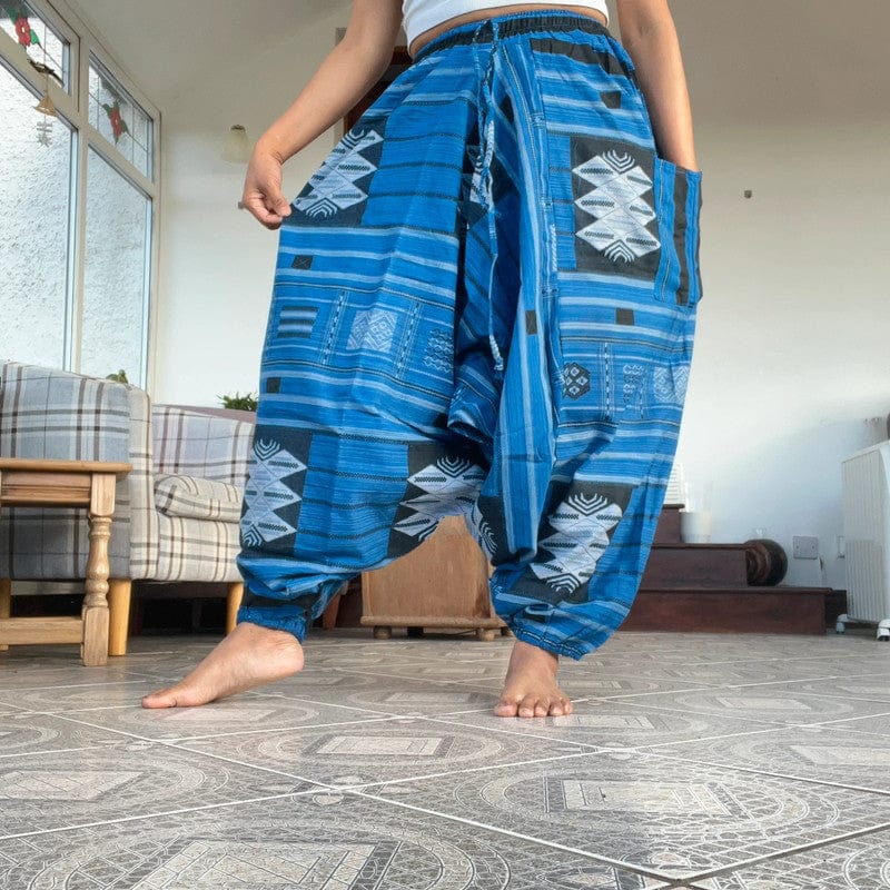 Handmade Mens Ladies Blue Cotton Harem Pants Summer Holiday Beach Yoga Trousers