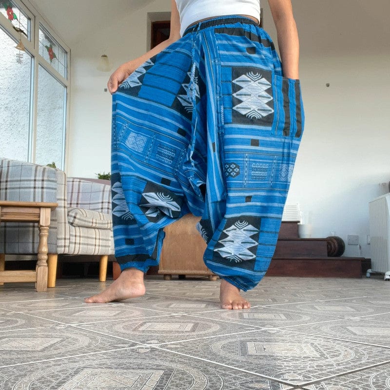 Handmade Mens Ladies Blue Cotton Harem Pants Summer Holiday Beach Yoga Trousers