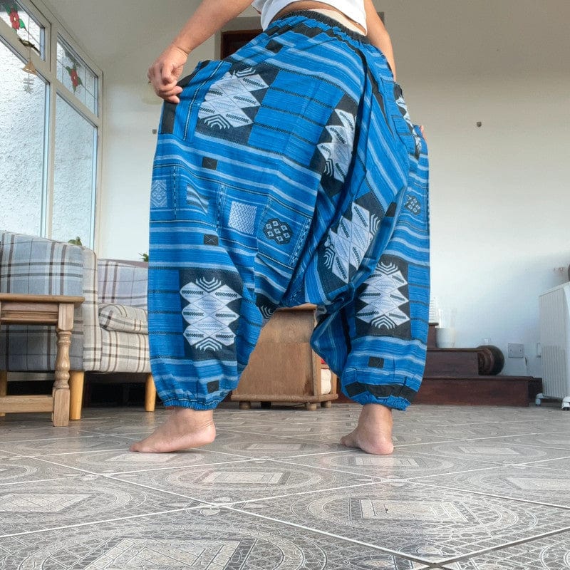 Handmade Mens Ladies Blue Cotton Harem Pants Summer Holiday Beach Yoga Trousers