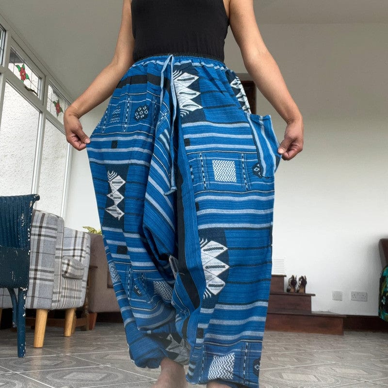 Handmade Mens Ladies Blue Cotton Harem Pants Summer Holiday Beach Yoga Trousers