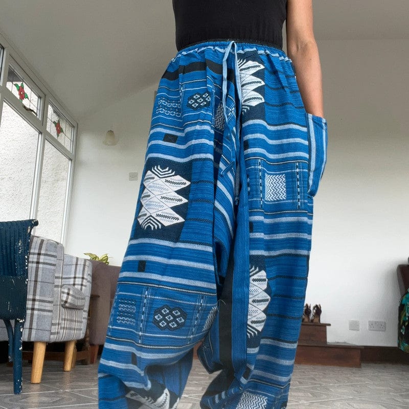 Handmade Mens Ladies Blue Cotton Harem Pants Summer Holiday Beach Yoga Trousers