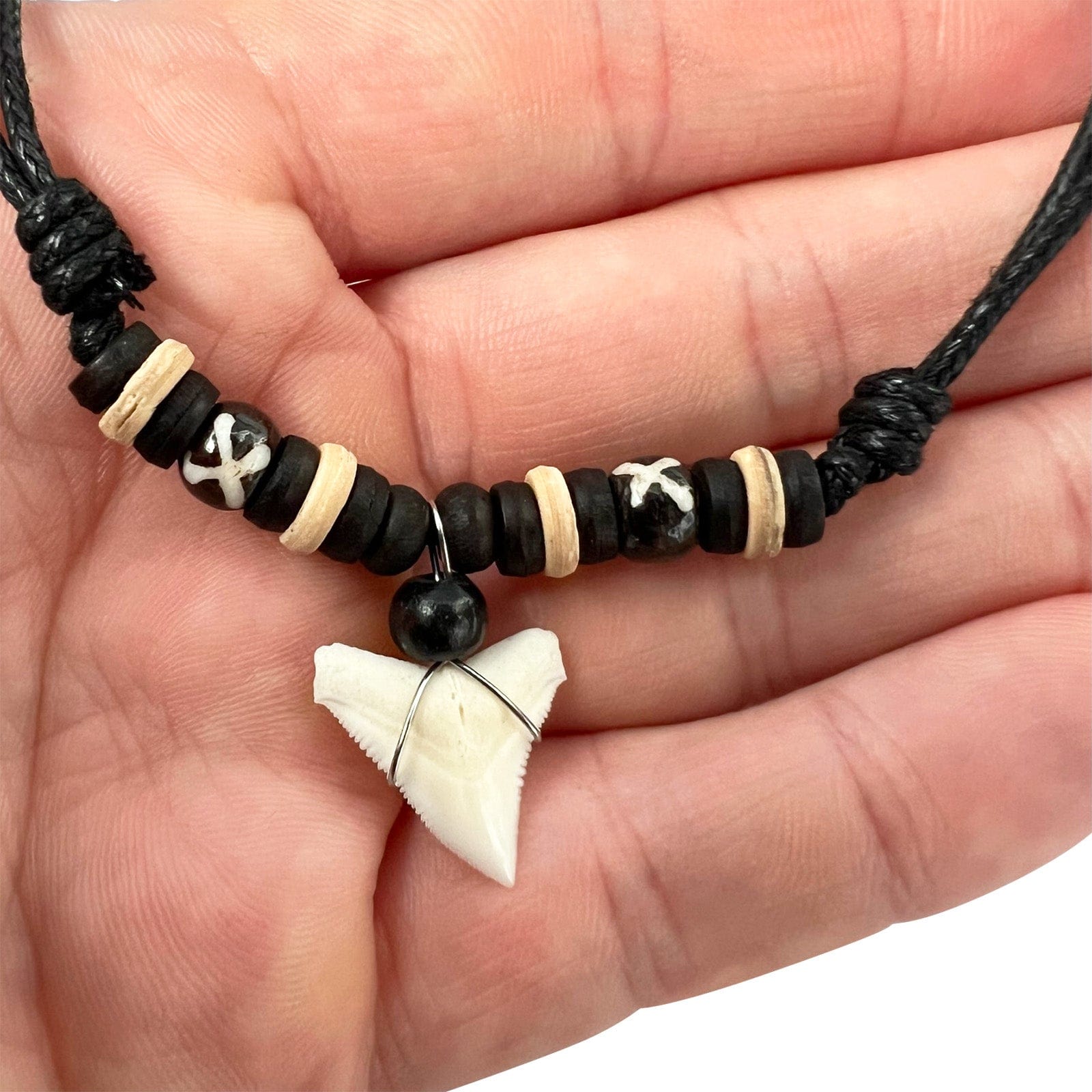 Imitation Resin Shark Tooth Pendant Necklace Wood Beaded Black Cord Chain Mens Womens Jewellery