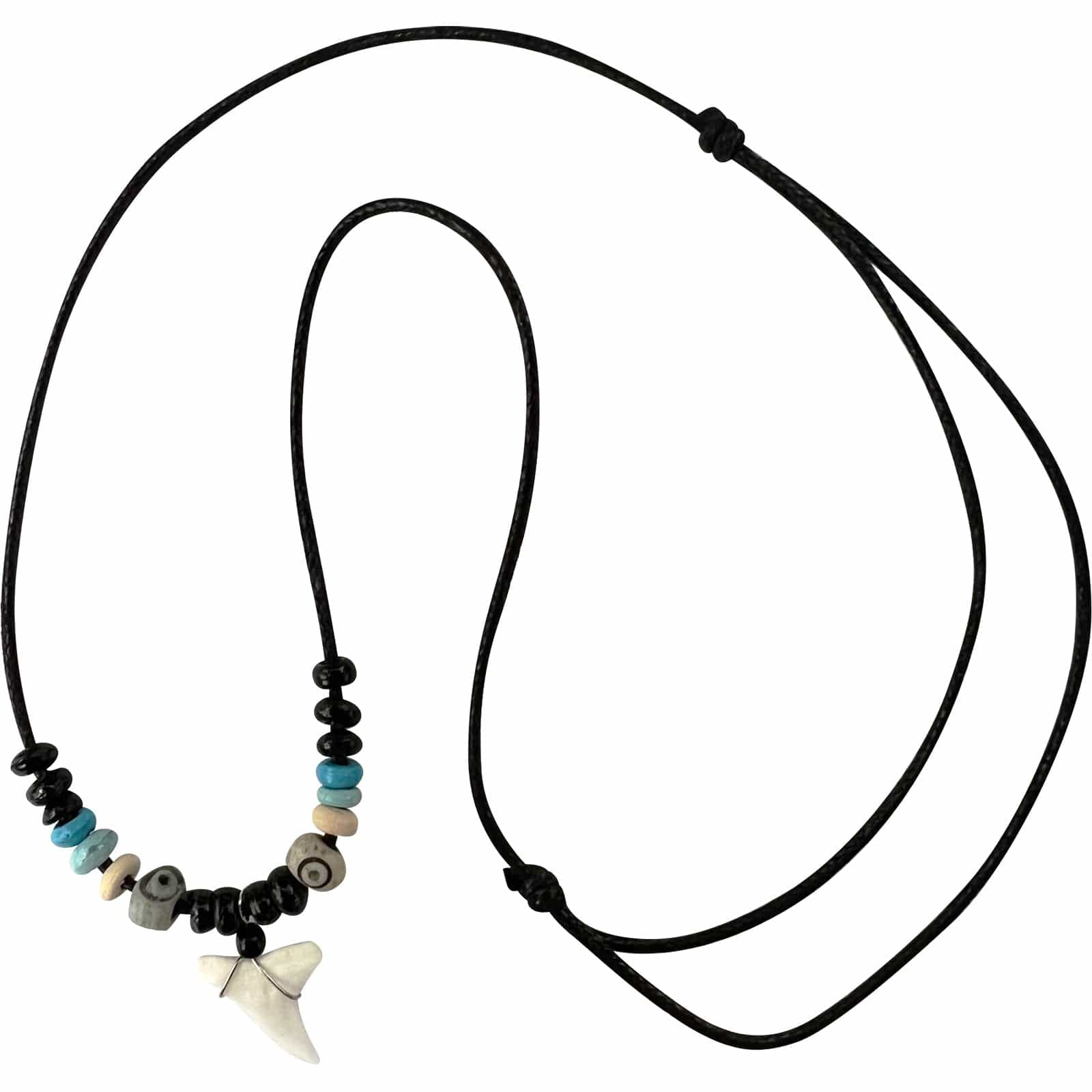Imitation Resin Shark Tooth Pendant Necklace Wood Beads Cord Chain Mens Ladies Costume Jewellery