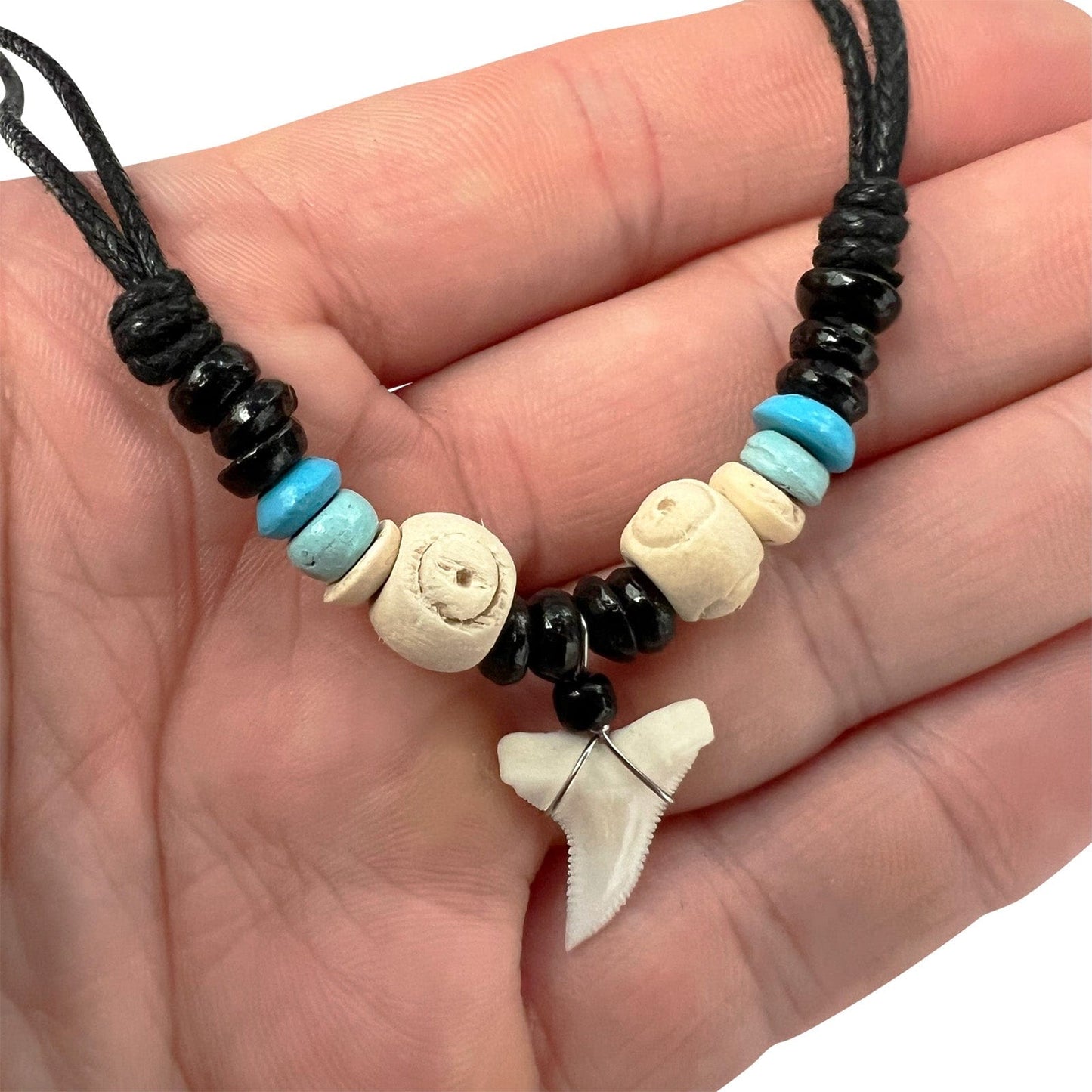 Imitation Resin Shark Tooth Pendant Necklace Wood Beads Cord Chain Mens Womens Costume Jewellery