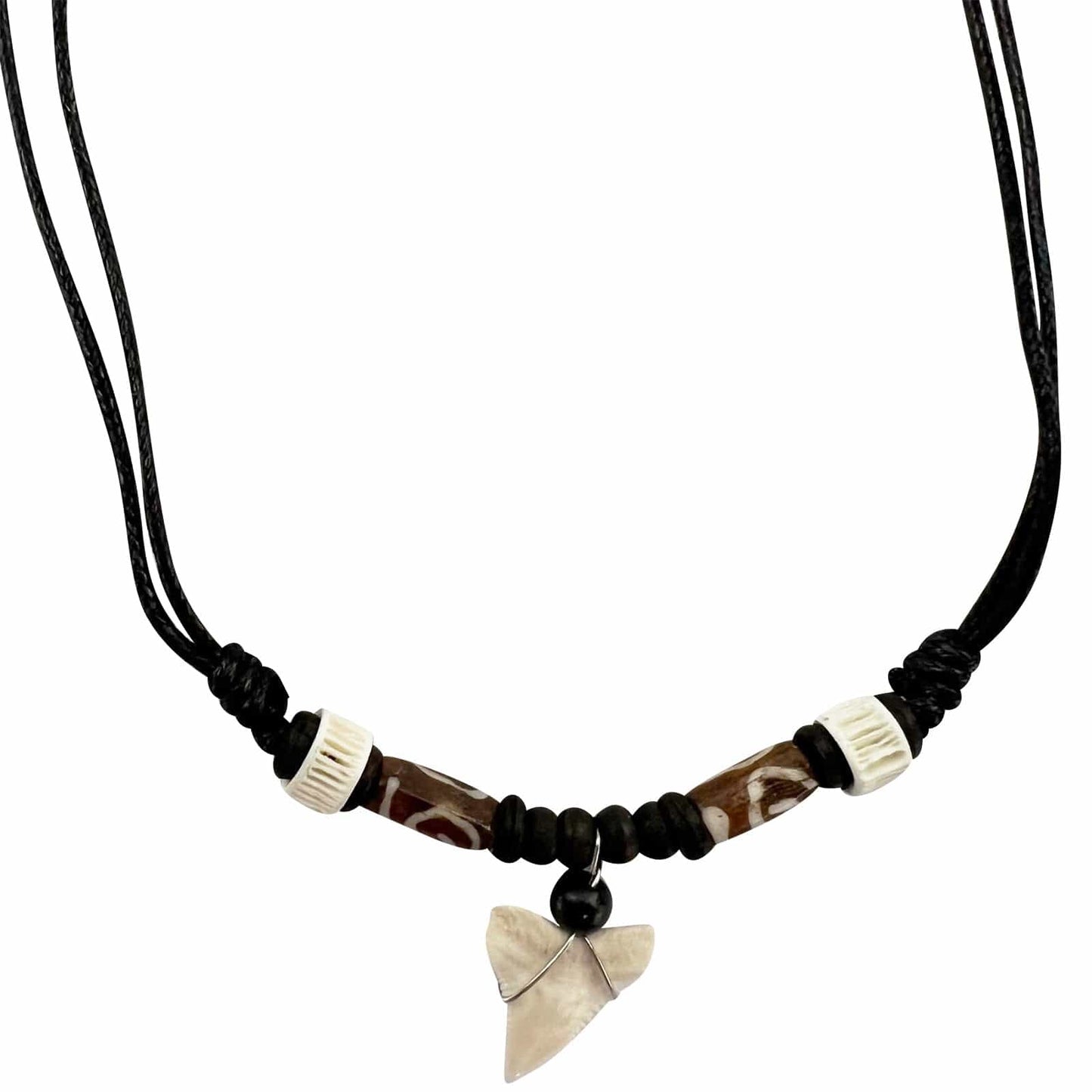 Imitation Resin Shark Tooth Pendant Necklace Wooden Beads Black Cord Chain Mens Womens Jewellery