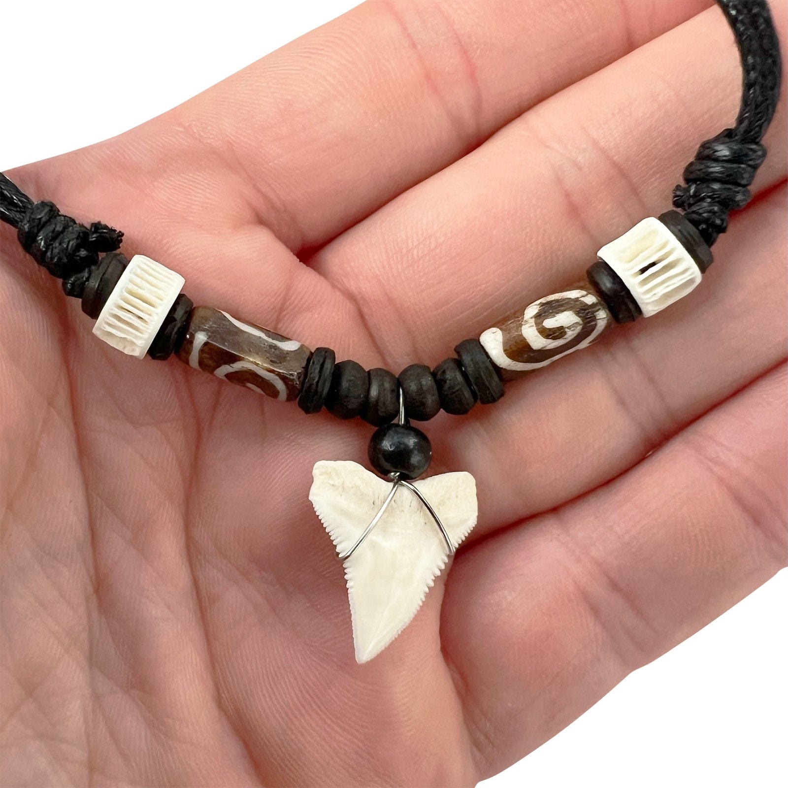 Imitation Resin Shark Tooth Pendant Necklace Wooden Beads Black Cord Chain Mens Womens Jewellery
