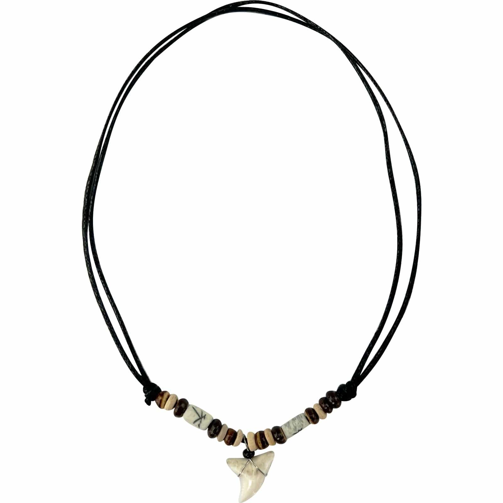 Imitation Resin Shark Tooth Pendant Necklace Wooden Beads Chain Mens Womens Guys Kids Jewellery