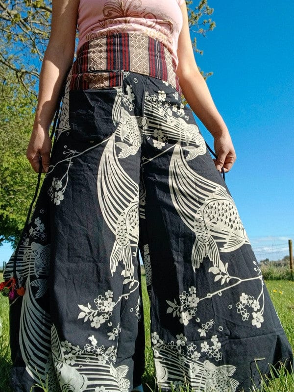 Koi Fish Black Harem Wide Leg Pants Genie Hippie Baggy High Rise Waist Trousers