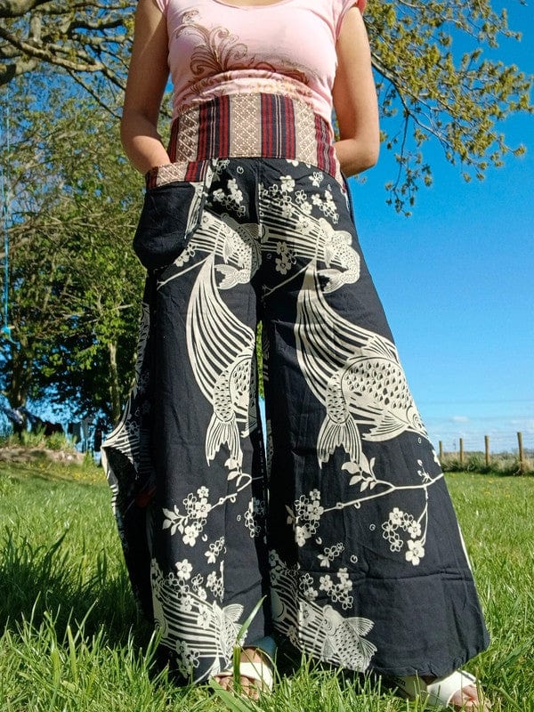 Koi Fish Black Harem Wide Leg Pants Genie Hippie Baggy High Rise Waist Trousers