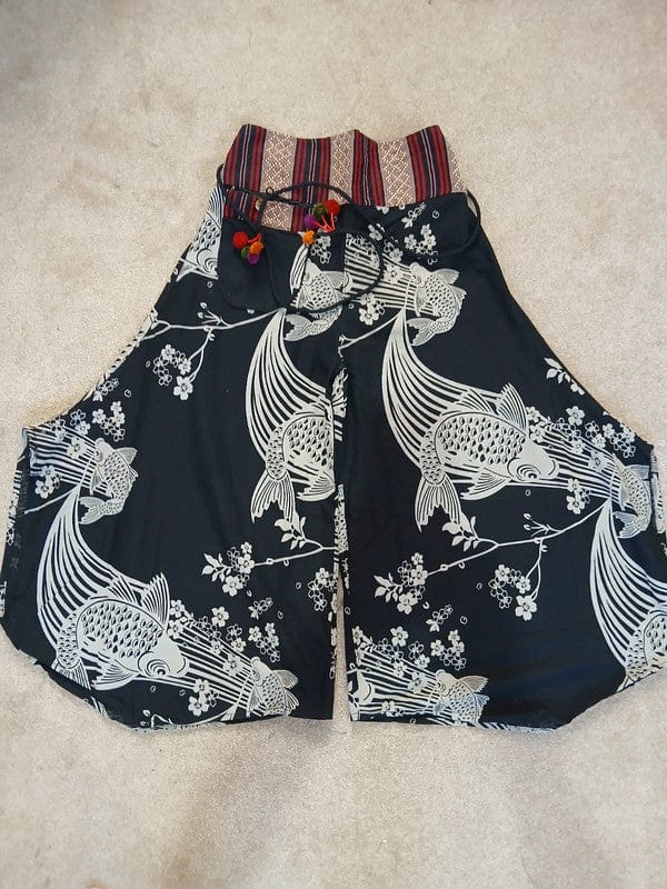 Koi Fish Black Harem Wide Leg Pants Genie Hippie Baggy High Rise Waist Trousers