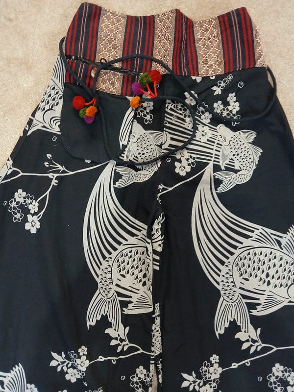 Koi Fish Black Harem Wide Leg Pants Genie Hippie Baggy High Rise Waist Trousers