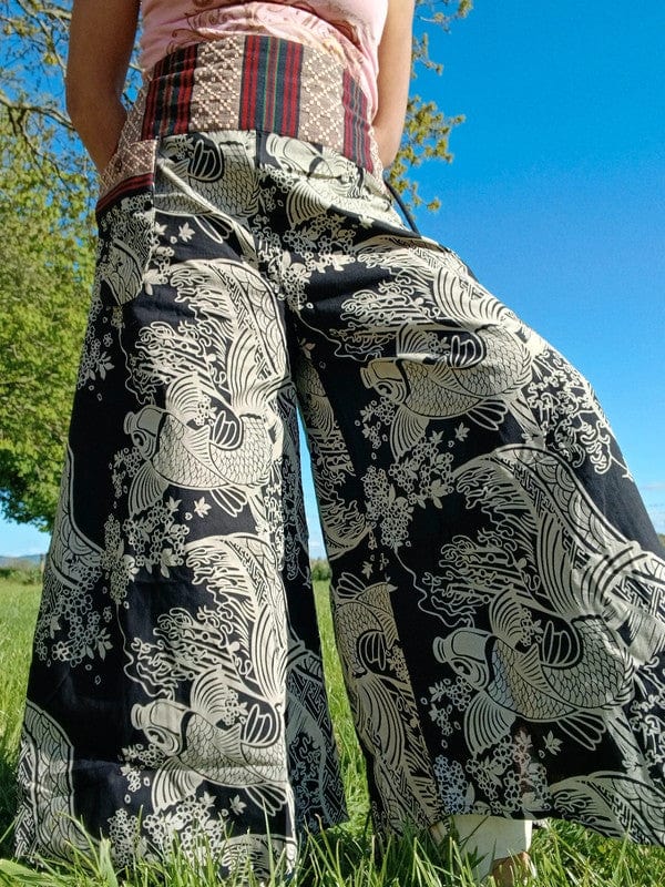 Koi Fish Black Harem Wide Leg Pants Yoga Hippie Baggy High Rise Waist Trousers
