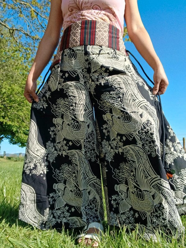 Koi Fish Black Harem Wide Leg Pants Yoga Hippie Baggy High Rise Waist Trousers