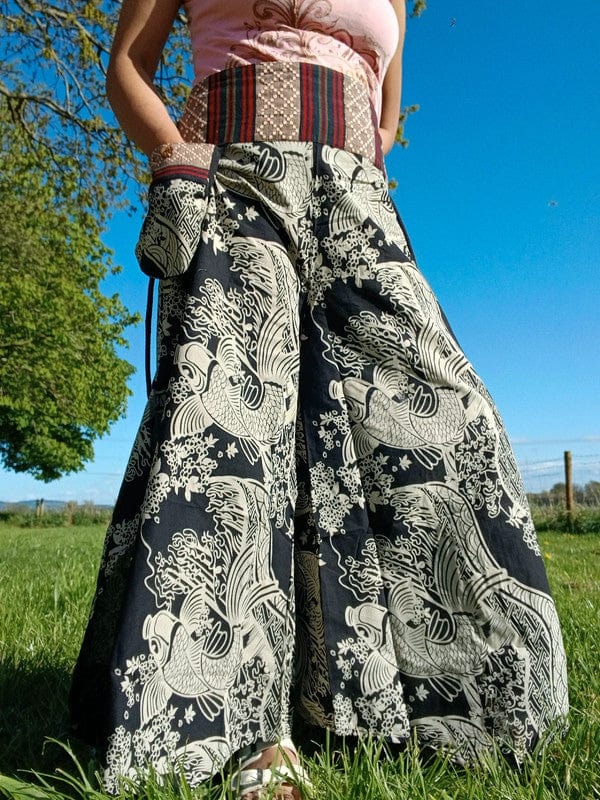 Koi Fish Black Harem Wide Leg Pants Yoga Hippie Baggy High Rise Waist Trousers