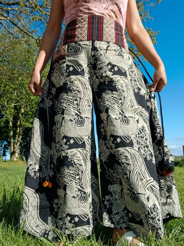 Koi Fish Black Harem Wide Leg Pants Yoga Hippie Baggy High Rise Waist Trousers