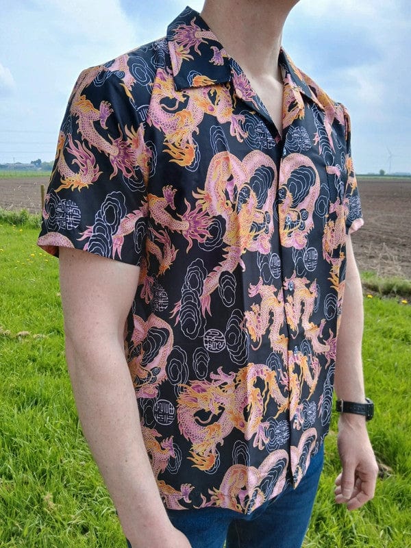 Mens Orange Pink Dragon Black Short Sleeve Hawaiian T Shirt Summer Holiday Large