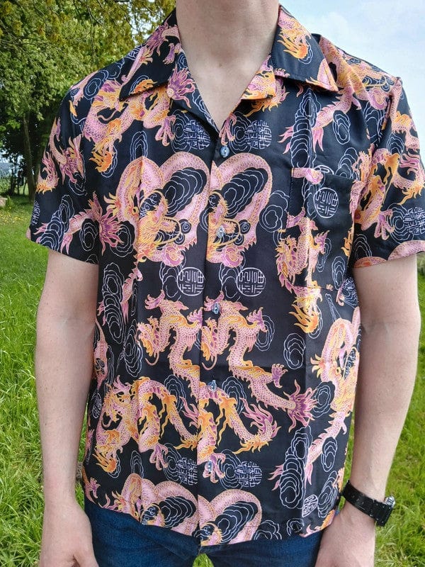 Mens Orange Pink Dragon Black Short Sleeve Hawaiian T Shirt Summer Holiday Large