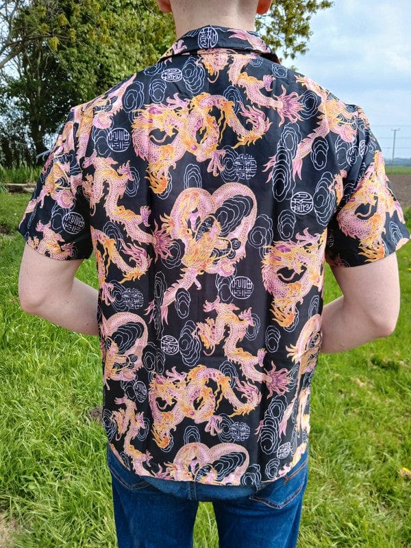 Mens Orange Pink Dragon Black Short Sleeve Hawaiian T Shirt Summer Holiday Large