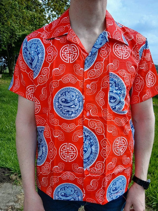 Mens Red Blue Chinese Dragon Hawaiian Summer Travel T Shirt Short Sleeve Size XL