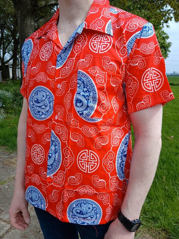 Mens Red Blue Chinese Dragon Hawaiian Summer Travel T Shirt Short Sleeve Size XL
