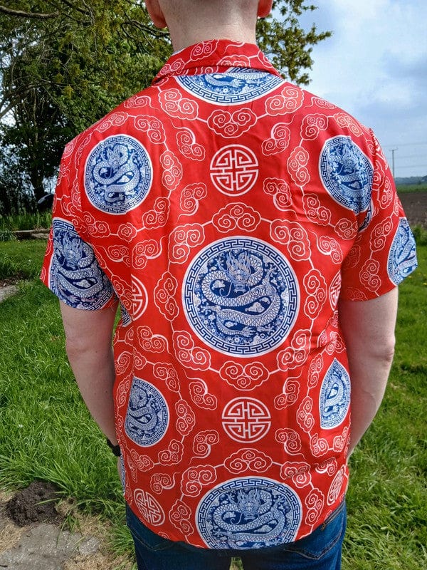 Mens Red Blue Chinese Dragon Hawaiian Summer Travel T Shirt Short Sleeve Size XL