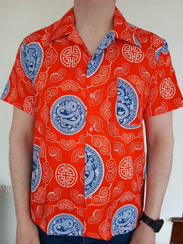 Mens Red Blue Chinese Dragon Hawaiian Summer Travel T Shirt Short Sleeve Size XL