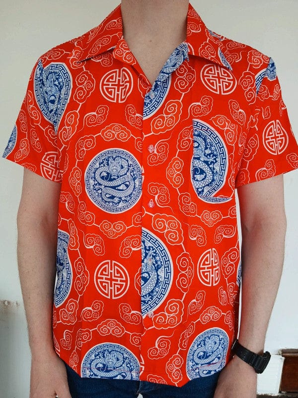 Mens Red Blue Chinese Dragon Hawaiian Summer Travel T Shirt Short Sleeve Size XL