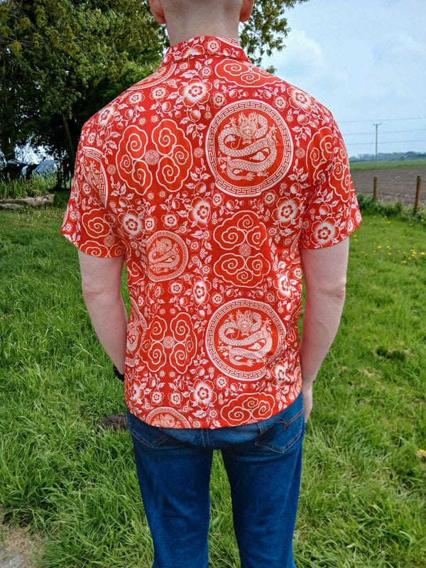 Mens Red White Chinese Dragon Floral Flower Hawaiian Man T Shirt Short Sleeve XL