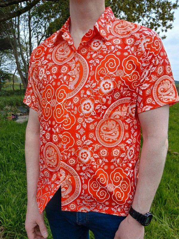 Mens Red White Chinese Dragon Floral Flower Hawaiian Man T Shirt Short Sleeve XL