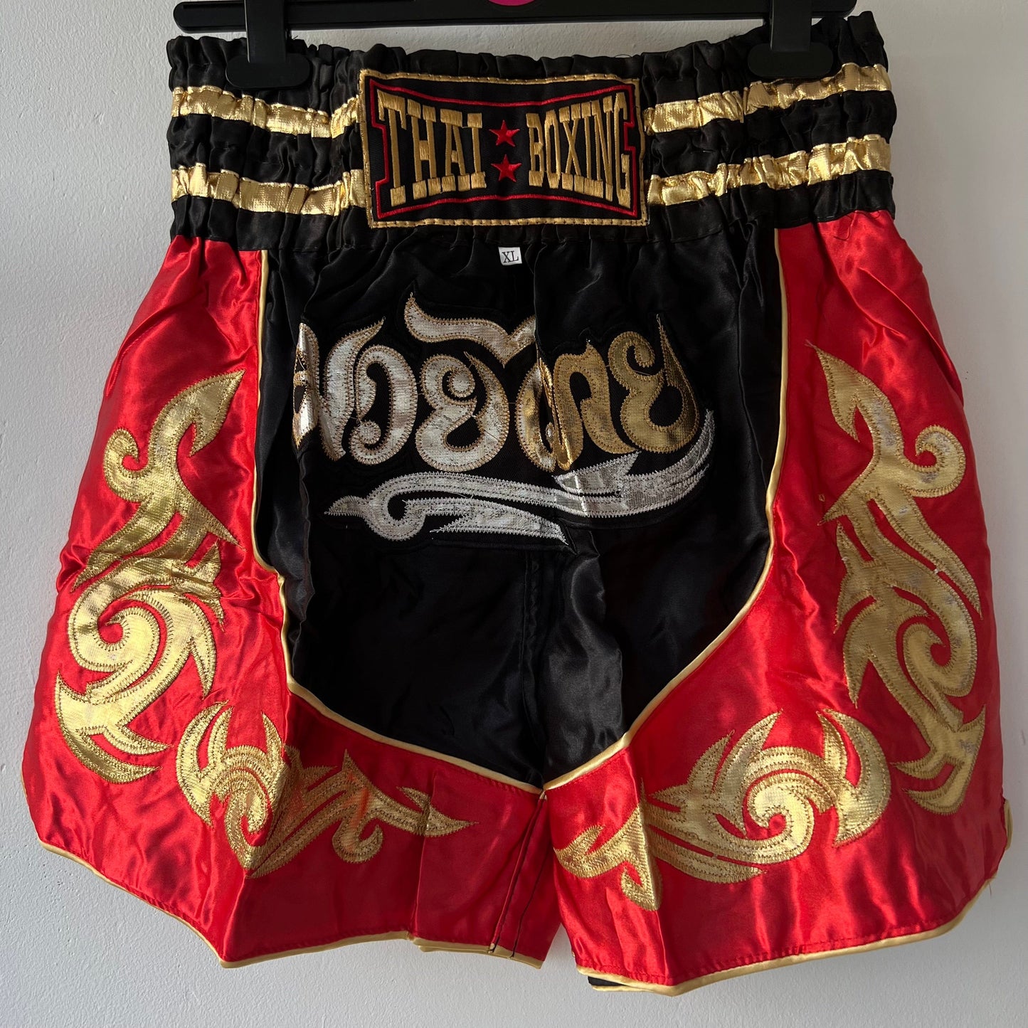 Muay Thai Boxing Shorts Red Black Gold Thai striped mens Sports shorts size XL