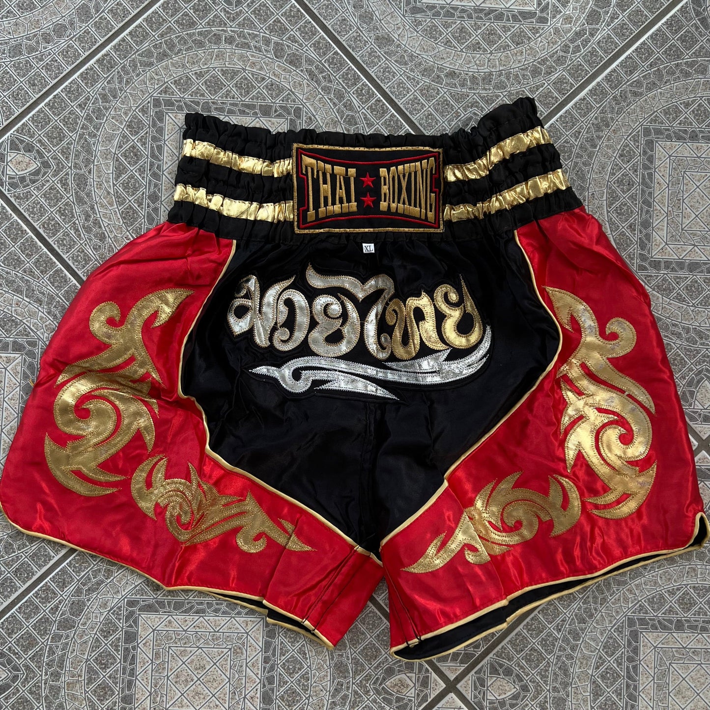 Muay Thai Boxing Shorts Red Black Gold Thai striped mens Sports shorts size XL