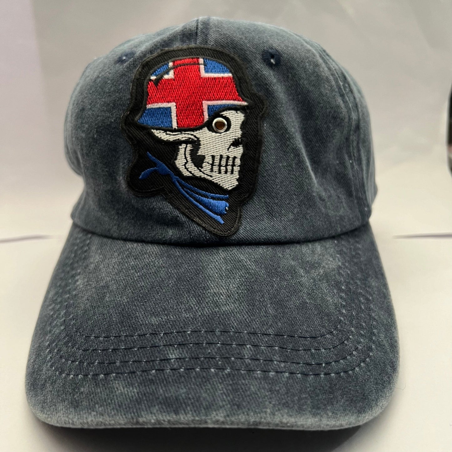 Navy Denim Cap Skull embroidered patch on the hat