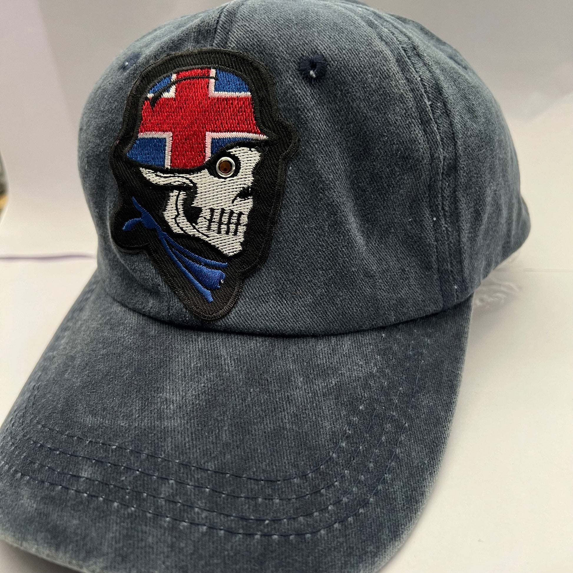 Navy Denim Cap Skull embroidered patch on the hat