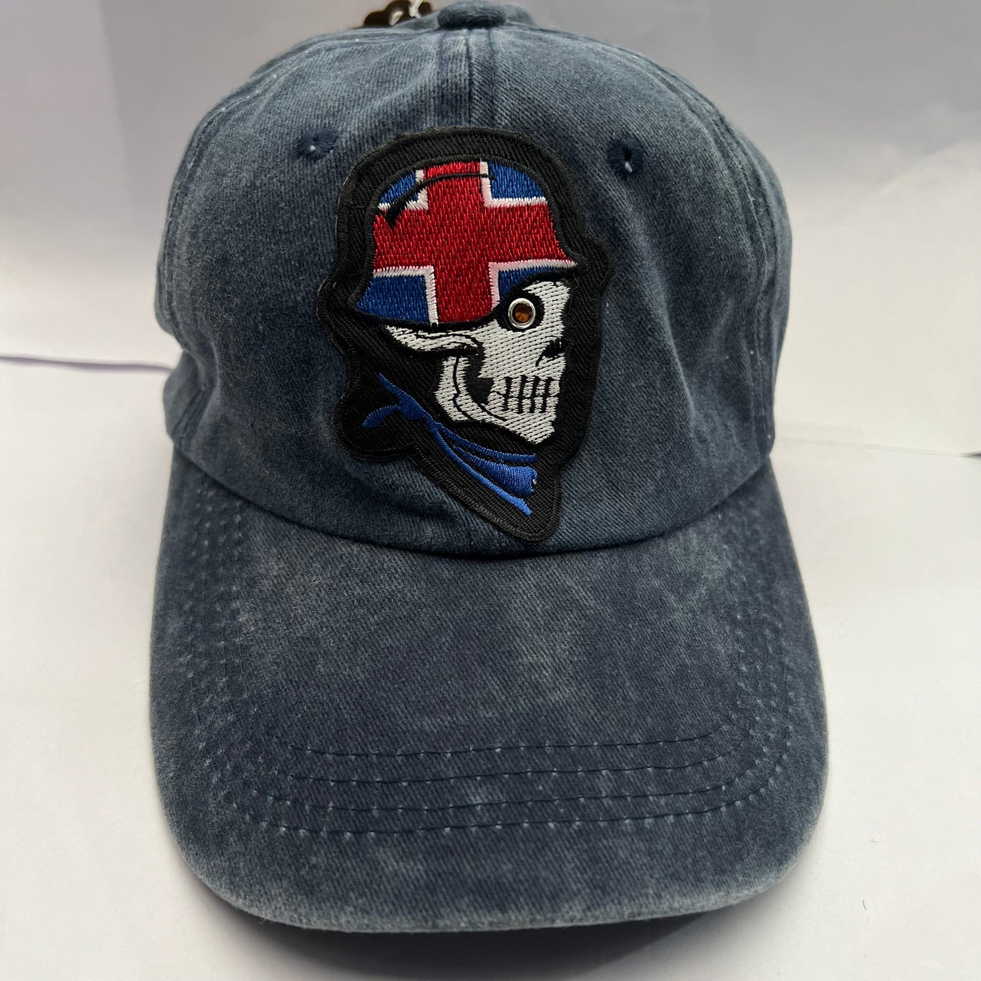 Navy Denim Cap Skull embroidered patch on the hat