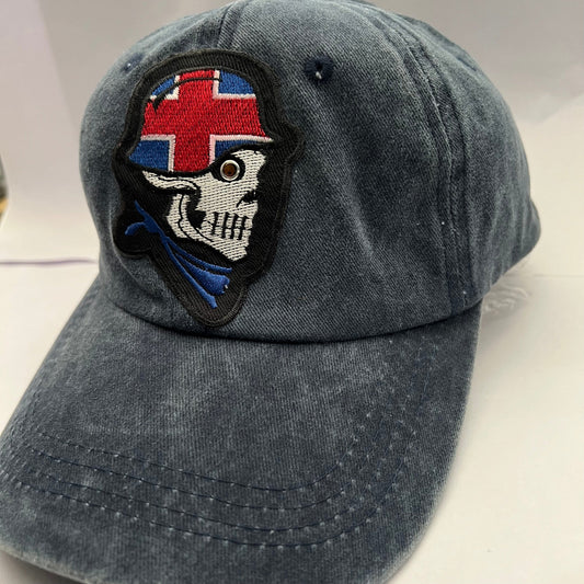 Navy Denim Cap Skull embroidered patch on the hat