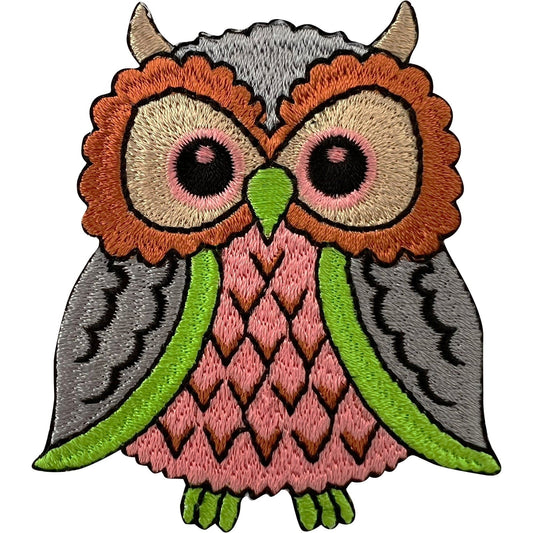 Owl Patch Iron Sew On Clothing Bags Hats Grey Green Pink Brown Embroidered Badge