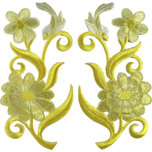 Pair of Patches Badges Iron Sew On Clothing Embroidered Lemon Yellow Bird Flower
