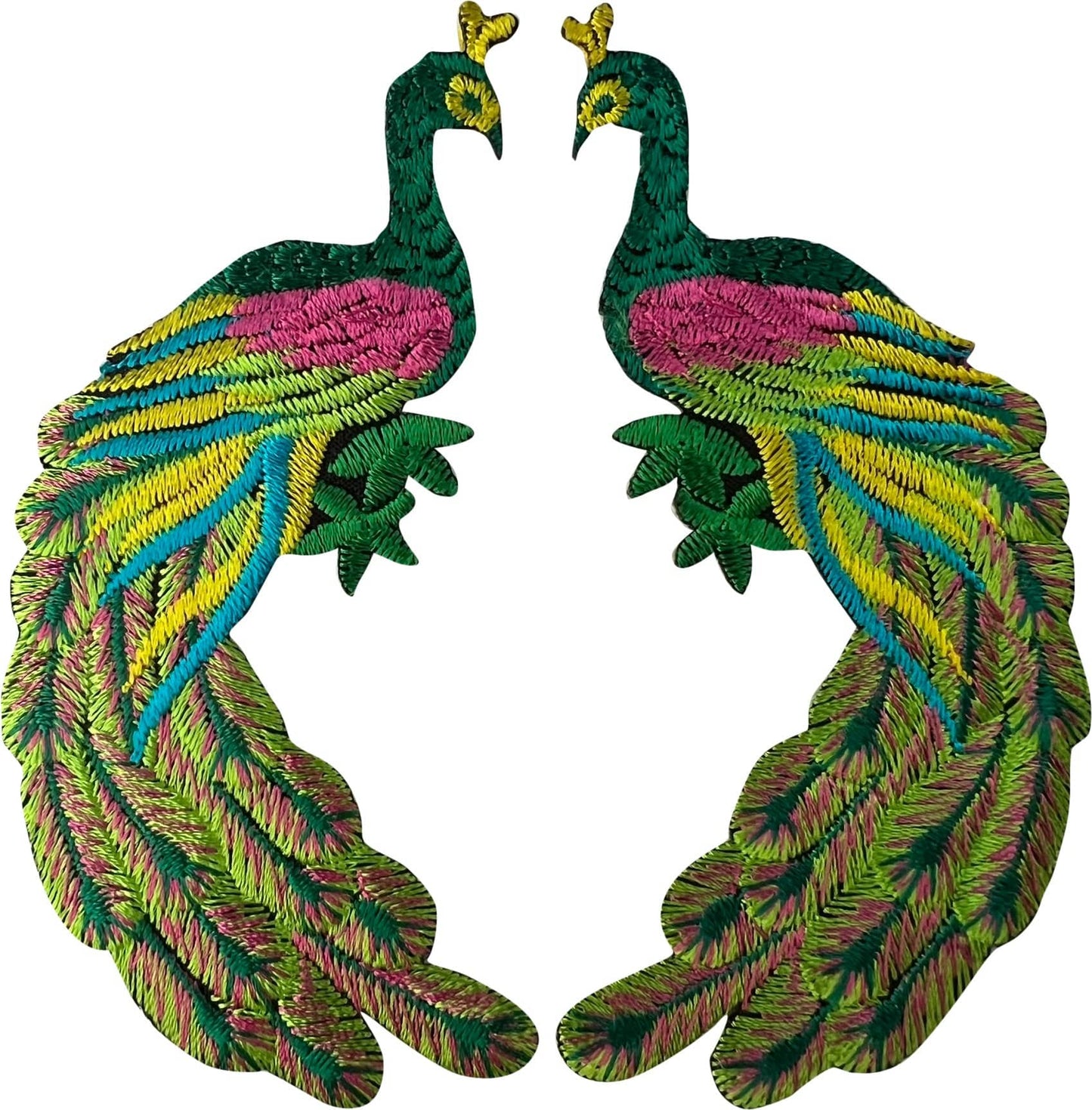 Pair of Peacock Patches Iron Sew On Clothes Bag Embroidered Badges Decals Motifs