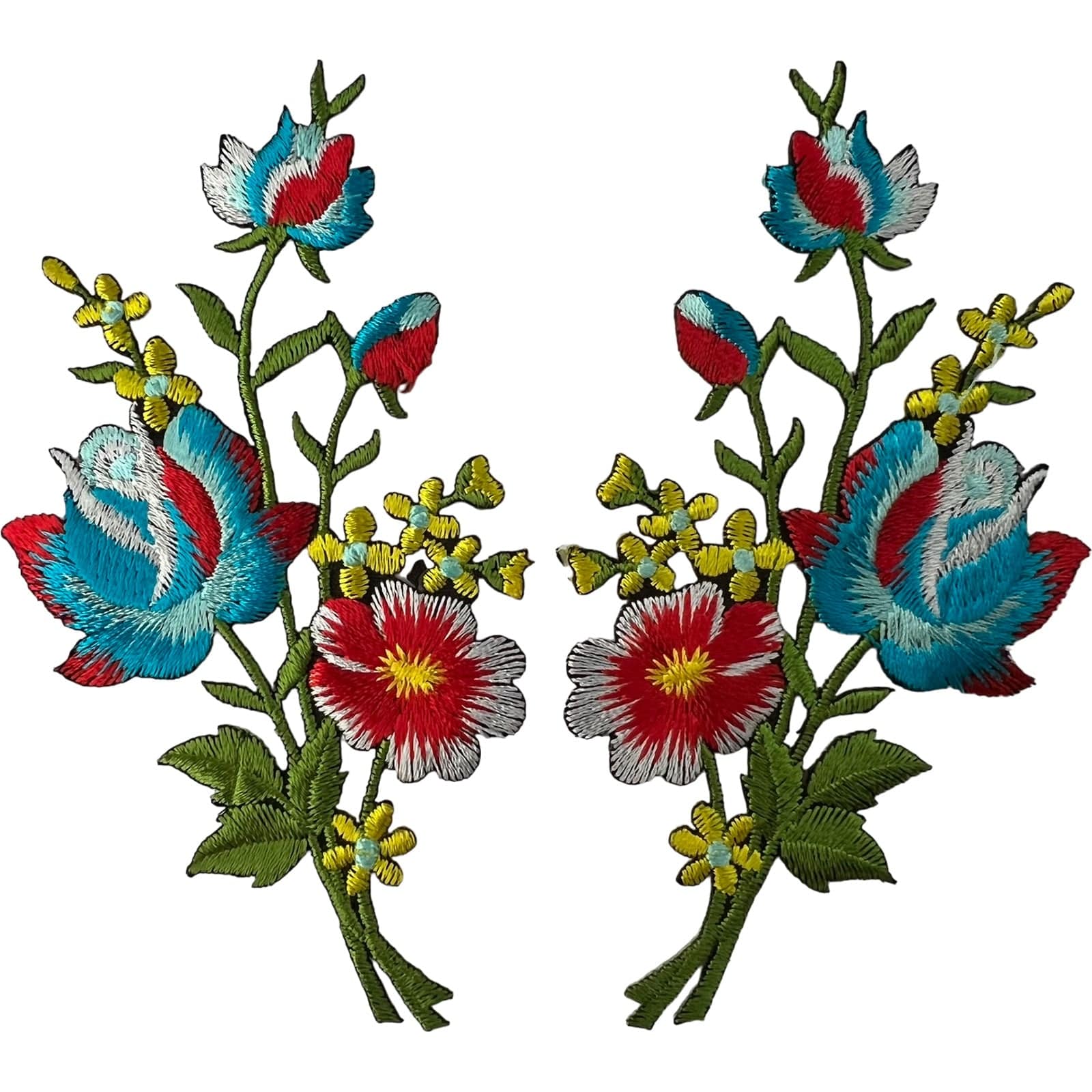 Pair of Rose Flower Patches Iron Sew On Blue Red Yellow Green Embroidered Badges