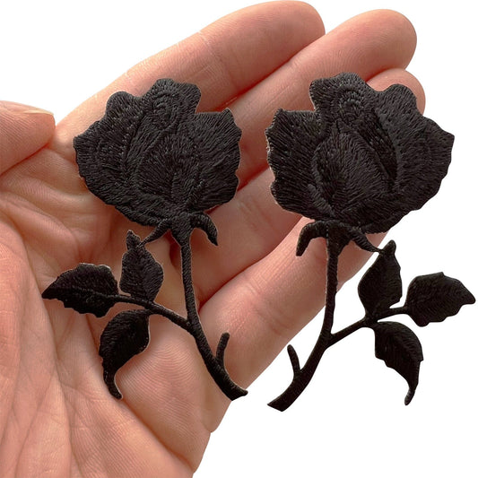 Pair of Symmetrical Mirror Image Floral Black Rose Patches Iron Sew On Flowers
