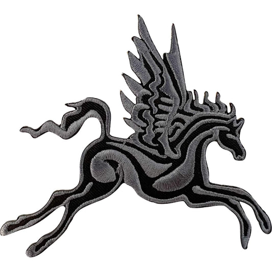 Pegasus Patch Iron Sew On Clothing Bag Black Grey Winged Horse Embroidered Badge