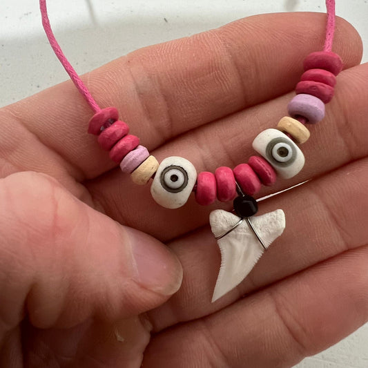 Pink Cord Chain Shark Tooth Pendant Necklace Wood Beads Womens Girls Jewellery
