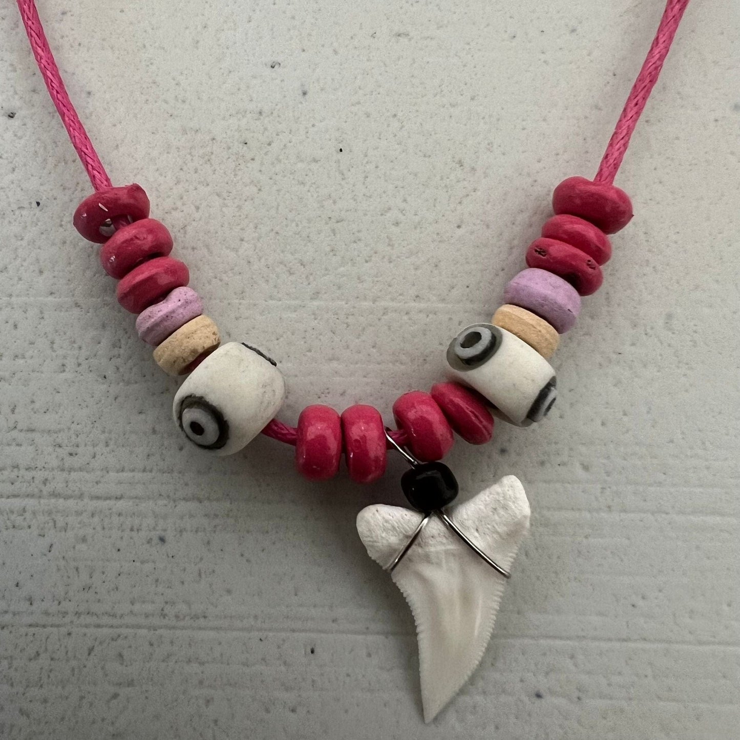 Pink Cord Chain Shark Tooth Pendant Necklace Wood Beads Womens Girls Jewellery