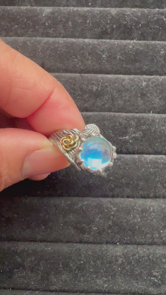 Silver plated Rose Moostone Opal Ring punk Goth Ring Size 8