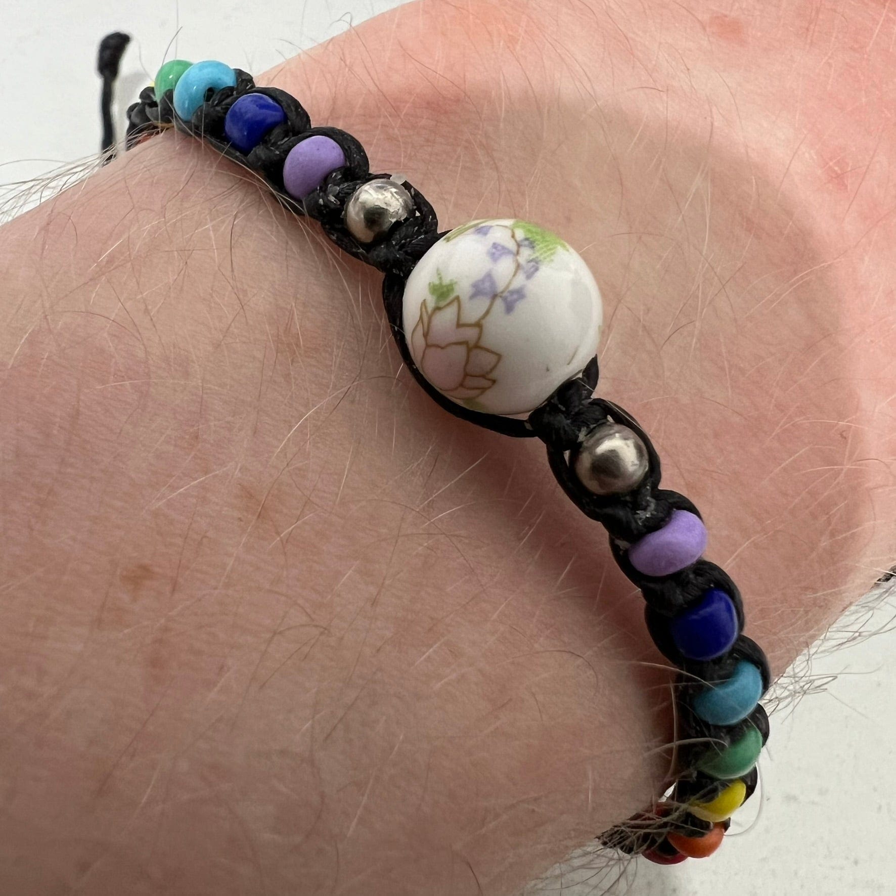 Rainbow Beads Floral Flower Bead Bracelet Black Wristband Bangle Girls Jewellery