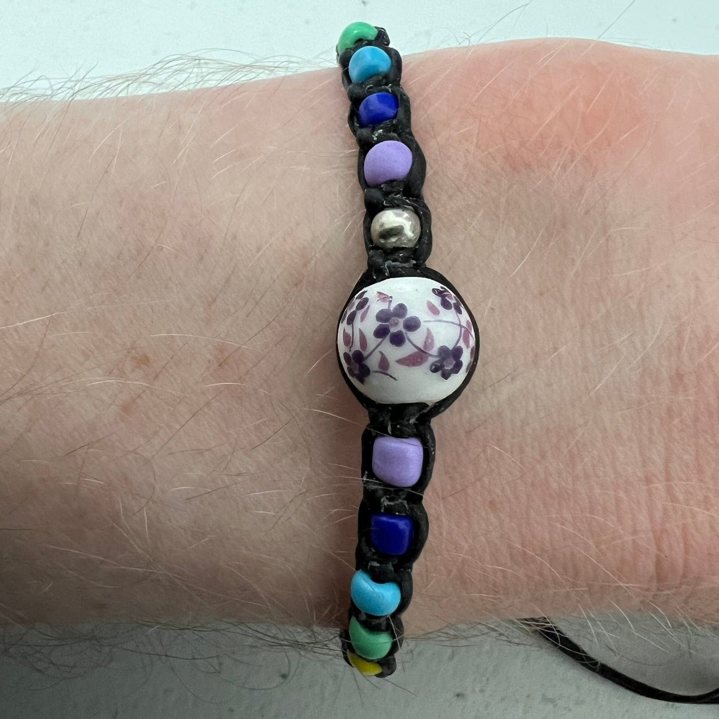 Rainbow Beads Flower Bead Bracelet Black Wristband Bangle Womens Girls Jewellery