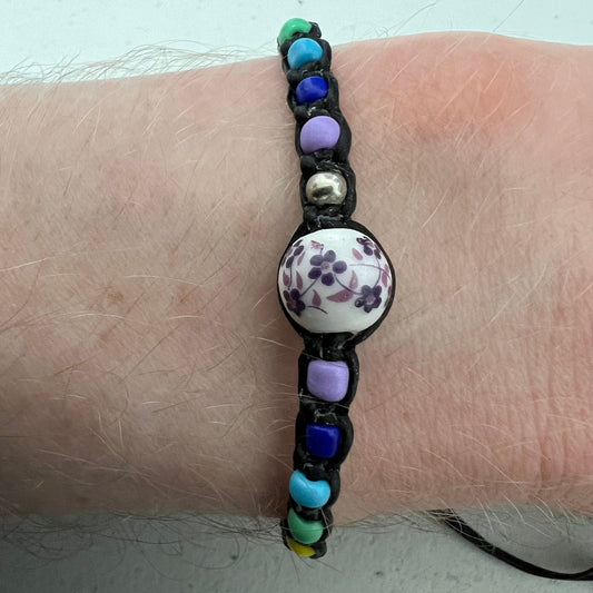 Rainbow Beads Flower Bead Bracelet Black Wristband Bangle Womens Girls Jewellery