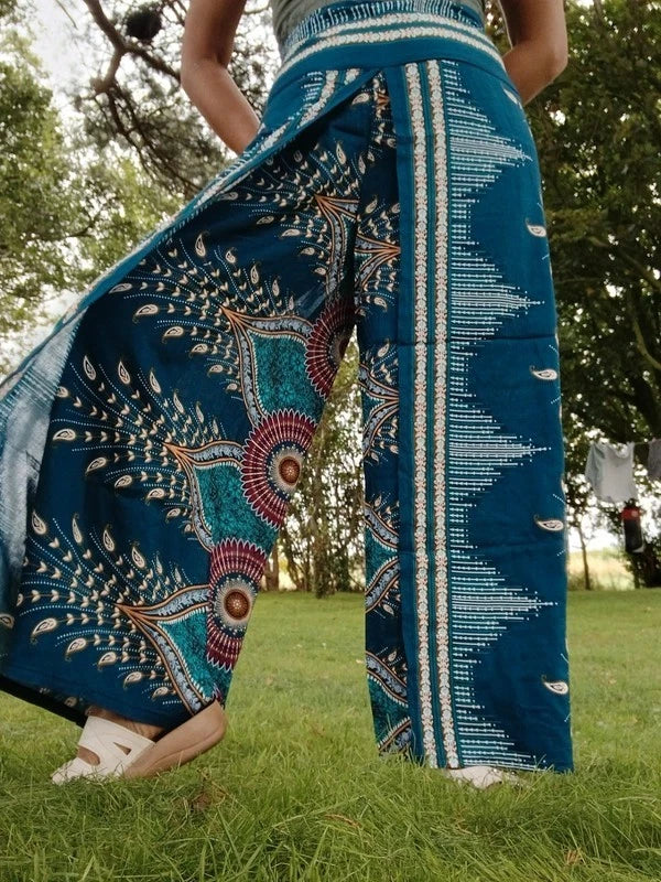 Dark Green Turquoise Bohemian Feathers Hippy Harem Pants Summer Holiday Trousers